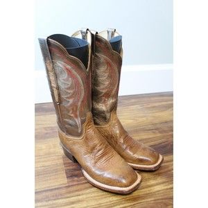 RARE Women's Lucchese Gold Red Tan Scallop Exotic Ostrich Square Toe Size 7.5B